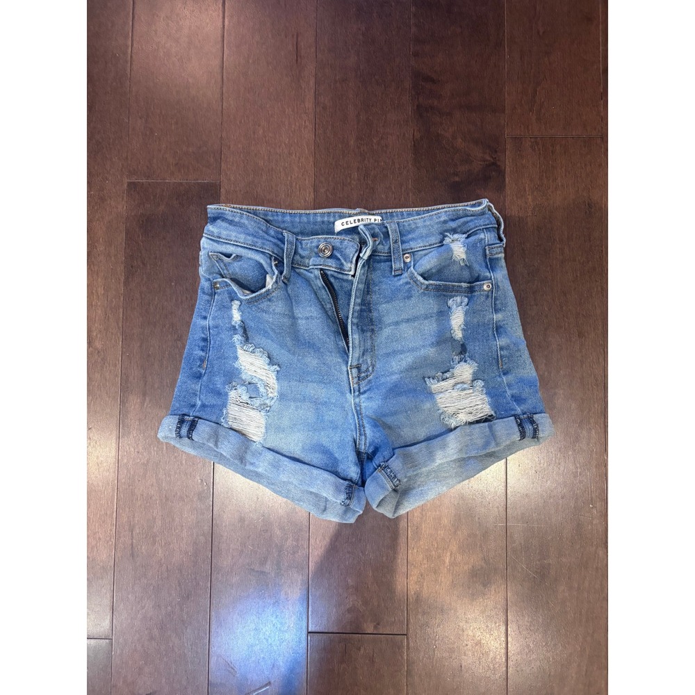 Celebrity Pink Womens High Waisted Distressed Denim Shorts Medium Wash Blue 1/25